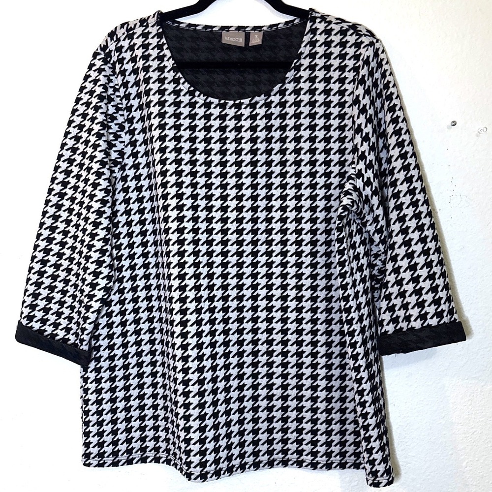 Chico's Houndstooth Top 3 XL 16 Black White Dark Academia 3/4 Sleeve Office